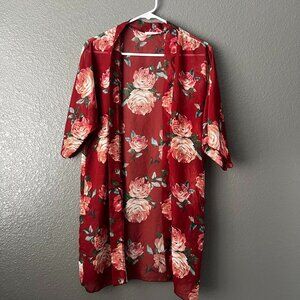 Glance Women’s XL Floral Kimono Cardigan Red Rose Print Lightweight